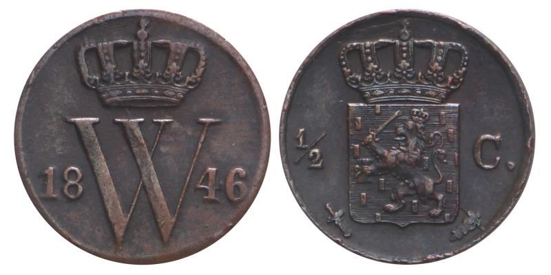 ½ cent Willem II 1846. Zeer Fraai +.