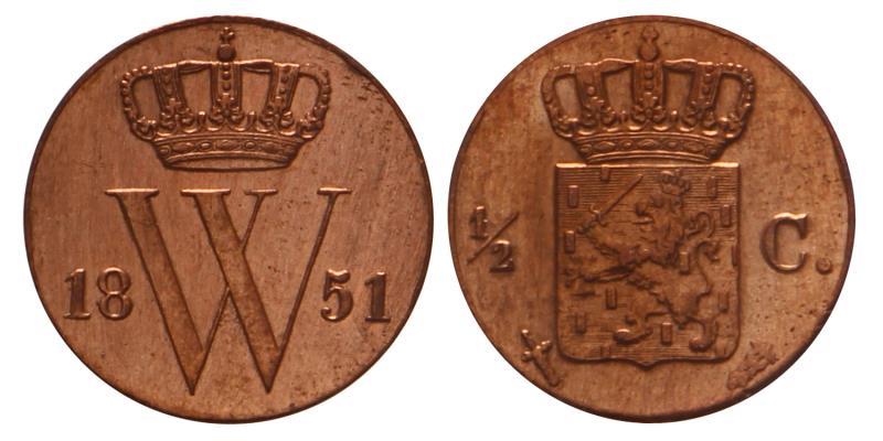 ½ cent Willem III 1851. Zeer Fraai / Prachtig.