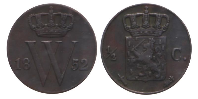 ½ cent Willem III 1852. Zeer Fraai +.