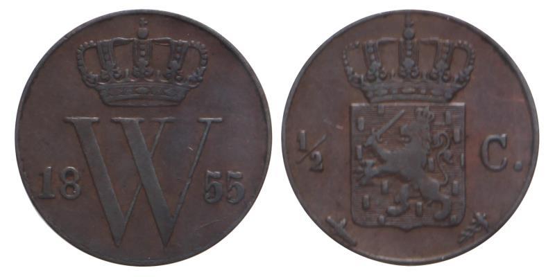 ½ cent Willem III 1855. Zeer Fraai.