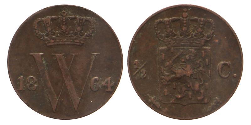 ½ cent Willem III 1864. Zeer Fraai.