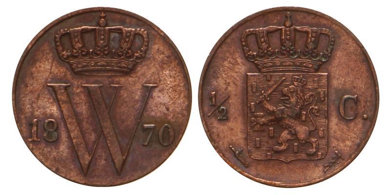 ½ cent Willem III 1870. Zeer Fraai / Prachtig.