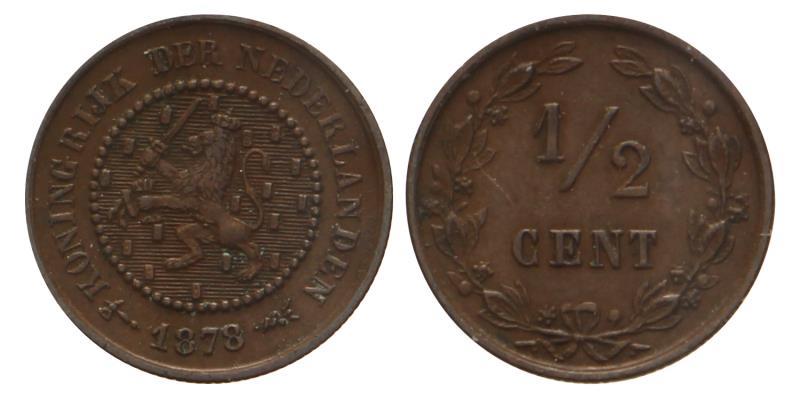 ½ cent Willem III 1878. Prachtig.