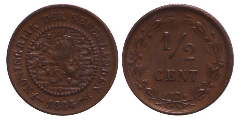 ½ cent Willem III 1884. Prachtig +.