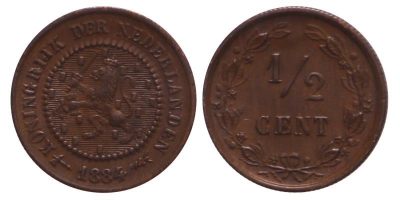 ½ cent Willem III 1884. Prachtig +.