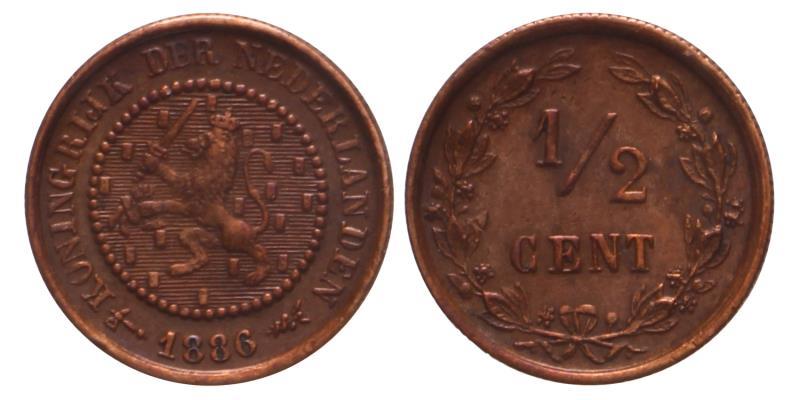 ½ cent Willem III 1886. Prachtig.