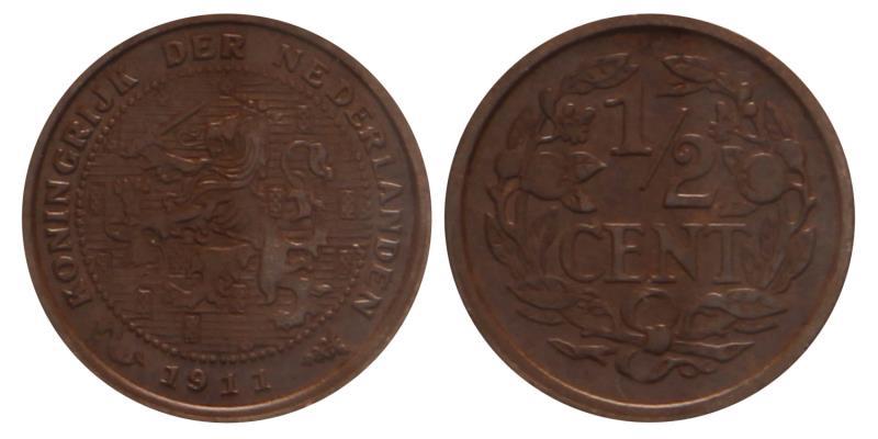 ½ cent Wilhelmina 1911. Prachtig +.