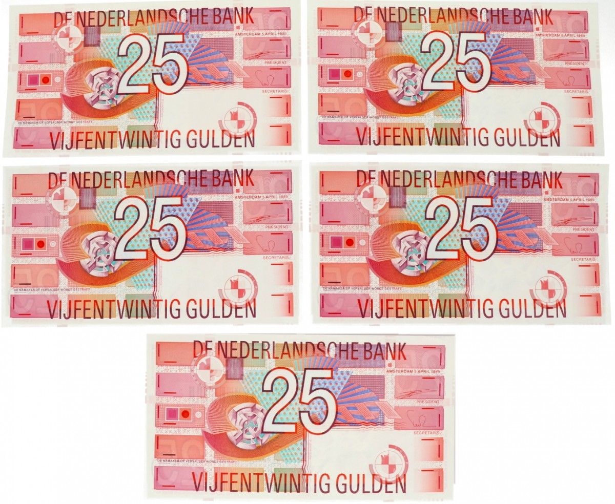 Nederland 5x 25 gulden Bankbiljet Type 1989 Roodborstje - UNC