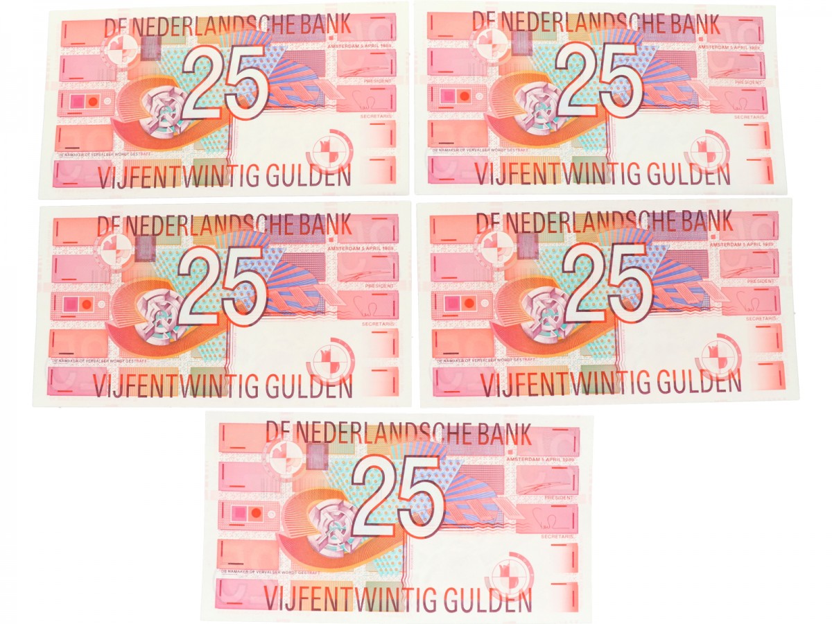 Nederland 5x 25 gulden Bankbiljet Type 1989 Roodborstje - UNC