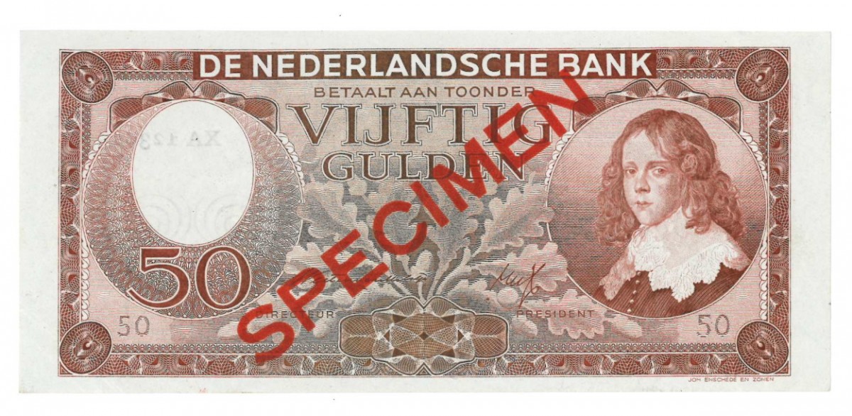 Nederland 50 gulden Specimen Type 1945 Stadhouder Willem III - Zeer Fraai / Prachtig