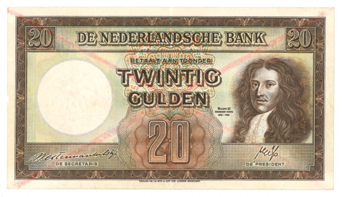 Nederland 20 gulden Specimen Type 1945 Stadhouder Willem III - Prachtig +