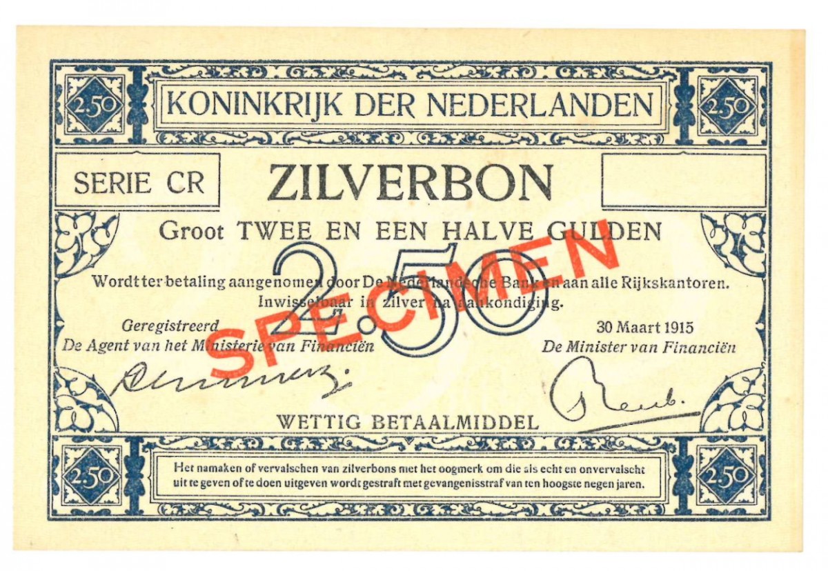 Nederland 2½ gulden Zilverbon Specimen Type 1915 - UNC