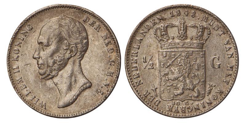 ½ gulden Willem II 1848. Prachtig +.