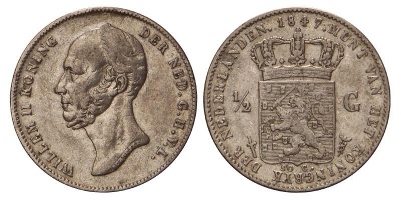½ gulden Willem II 1847. Zeer Fraai +.