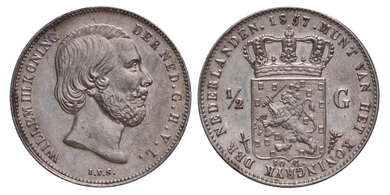 ½ gulden Willem III 1857. Prachtig +.
