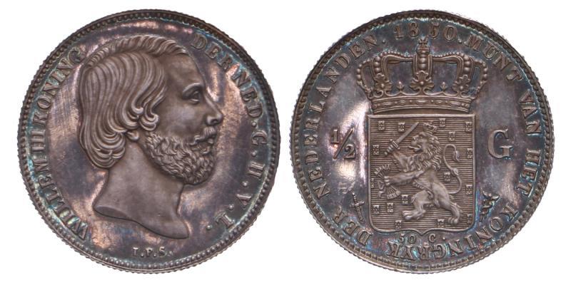 ½ gulden Willem III 1850 patina. Proof / FDC.
