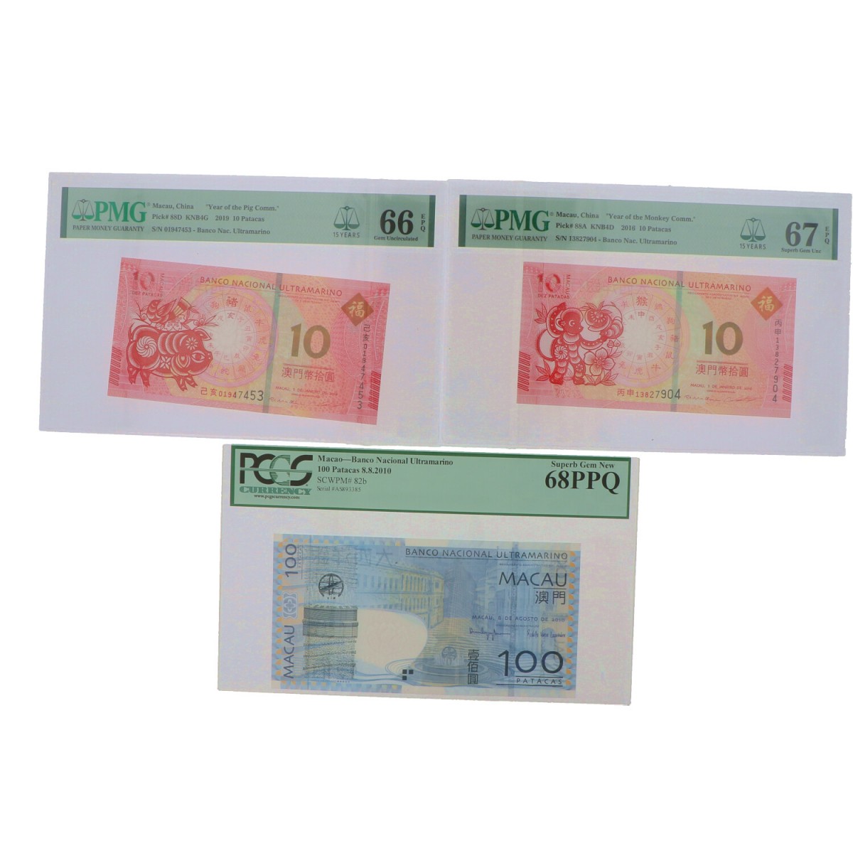 Macau 2x 10 patacas and 100 patacas Banknote Type 2010-2019 - UNC