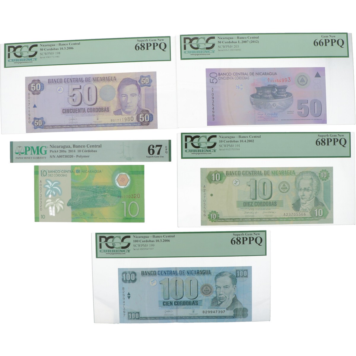 Nicaragua 2x 10, 2x 50 and 100 cordobas Banknote Type 2002-2014 - UNC