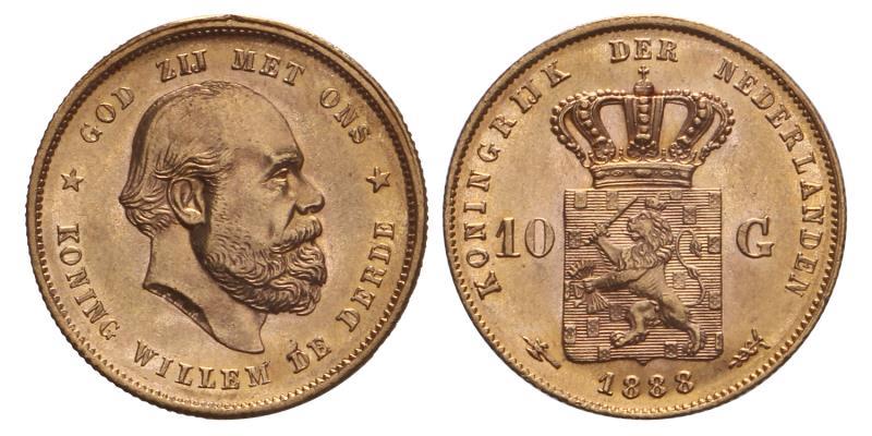 10 gulden goud Willem III 1888. FDC.