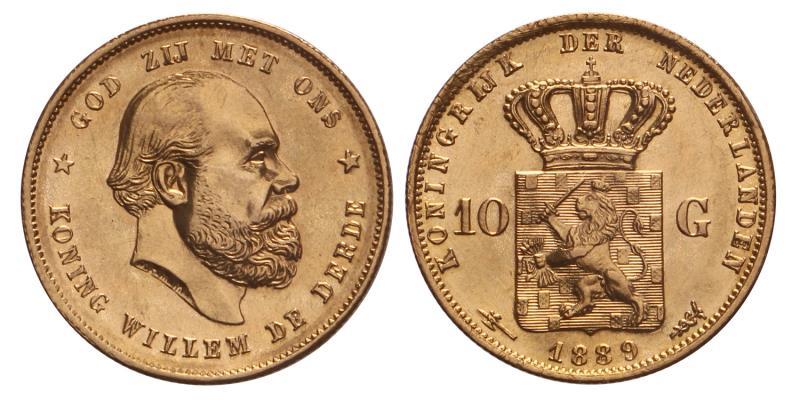 10 gulden goud Willem III 1889. FDC.