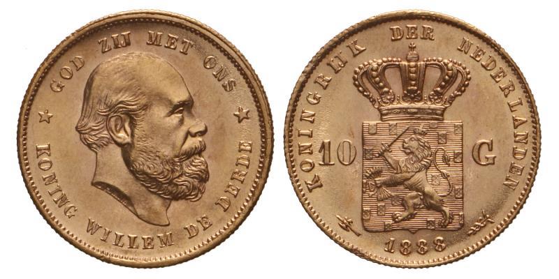 10 gulden goud Willem III 1888. FDC.