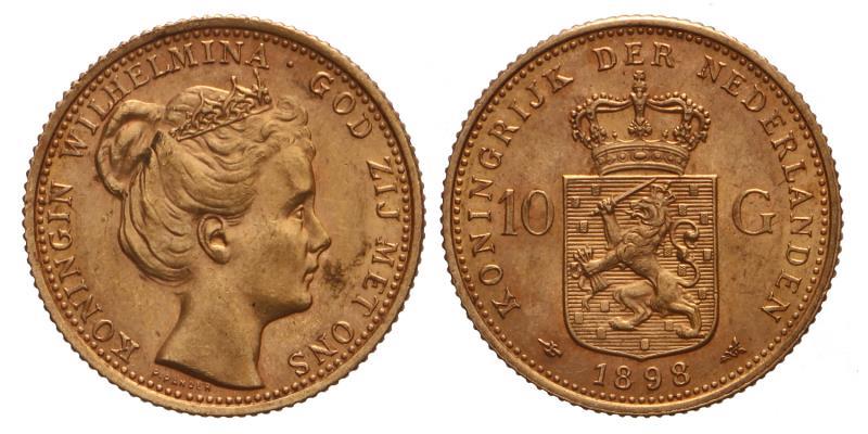 10 gulden goud Wilhelmina 1898. FDC -.