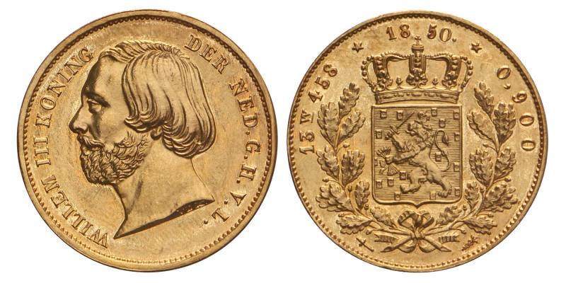 20 gulden goud Willem III 1850. Prachtig / FDC.