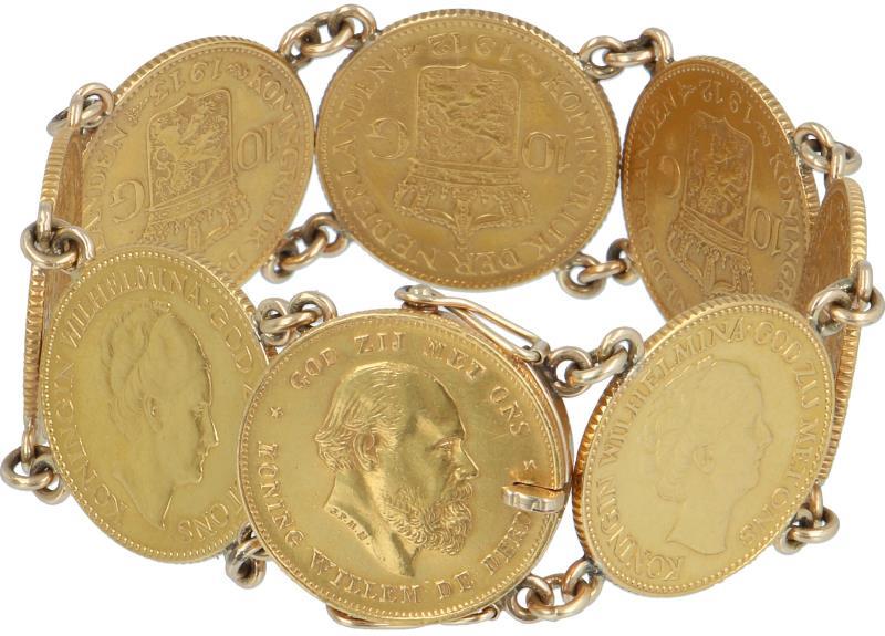 10 gulden goud armband 8 stuks 10 gulden in goud Willem III (1x) en Wilhelmina (6x).