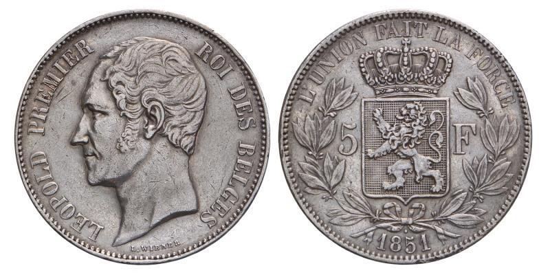 Belgium. Leopold I. 5 Francs. 1851 with dot above date.
