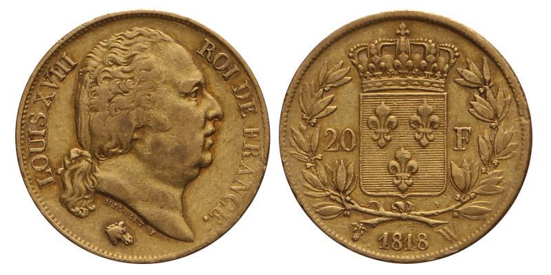 France. Louis XVIII. 20 Francs. 1818 W.