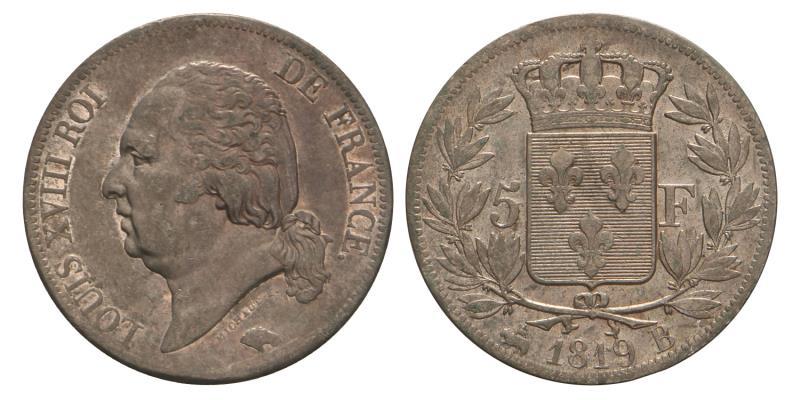 France. Louis XVIII. 5 Francs. 1819 B.