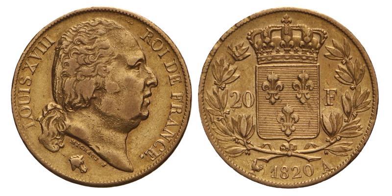 France. Louis XVIII. 20 Francs. 1820 A.