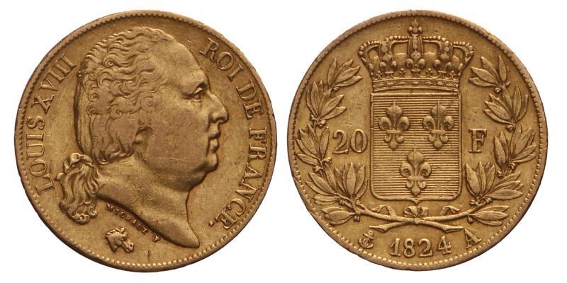France. Louis XVIII. 20 Francs. 1824 A.