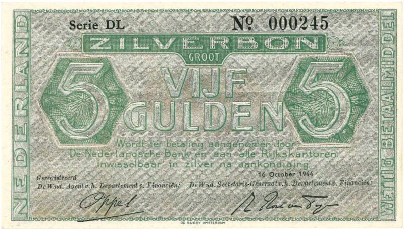 Nederland. 5 gulden. Zilverbon. Type 1944. - UNC.