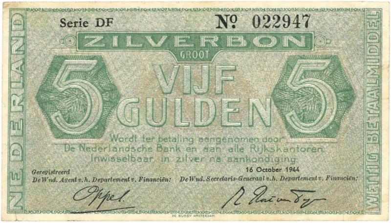 Nederland. 5 gulden. Zilverbon. Type 1944. - Zeer Fraai -.