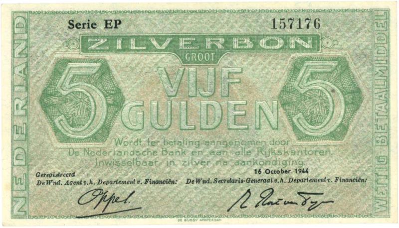 Nederland. 5 gulden. Zilverbon. Type 1944. - UNC.