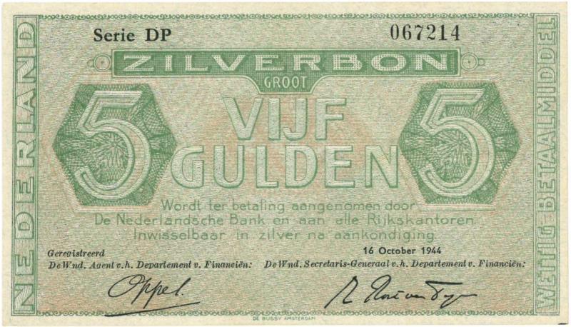 Nederland. 5 gulden. Zilverbon. Type 1944. - Zeer Fraai.