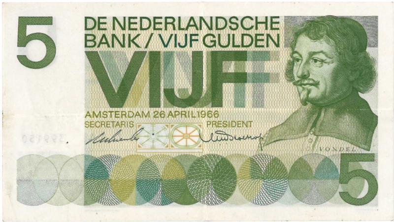 Nederland. 5 gulden. Bankbiljet. Type 1966. Vondel - Zeer Fraai.
