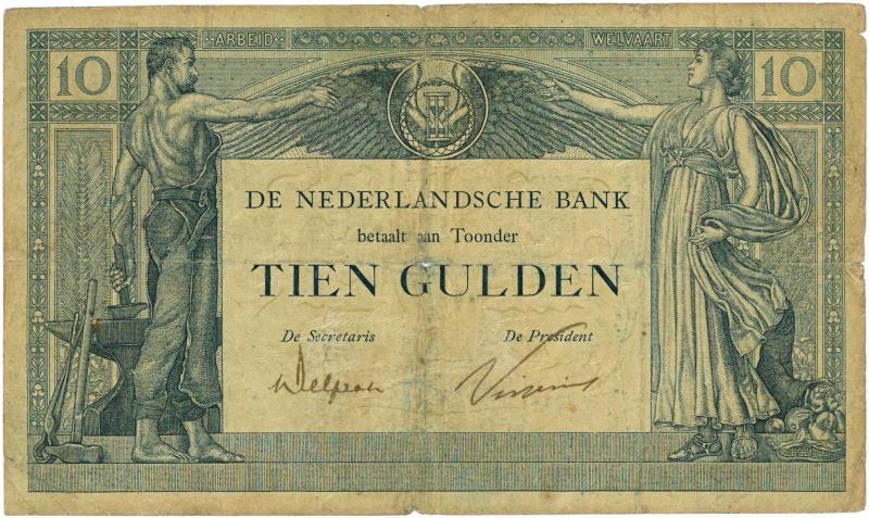 Nederland. 10 gulden. Bankbiljet. Type 1921. Arbeid en Welvaart - Zeer Fraai.