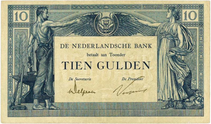 Nederland. 10 gulden. Bankbiljet. Type 1921. Arbeid en Welvaart - Zeer Fraai +.
