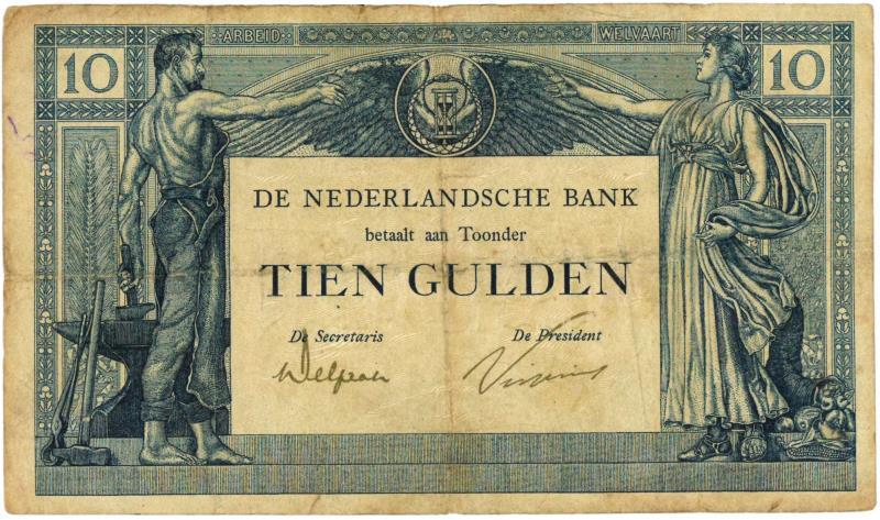 Nederland. 10 gulden. Bankbiljet. Type 1921. Arbeid en Welvaart - Fraai.