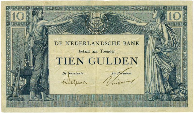Nederland. 10 gulden. Bankbiljet. Type 1921. Arbeid en Welvaart - Zeer Fraai +.
