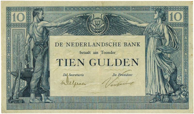 Nederland. 10 gulden. Bankbiljet. Type 1921. Arbeid en Welvaart - Zeer Fraai +.