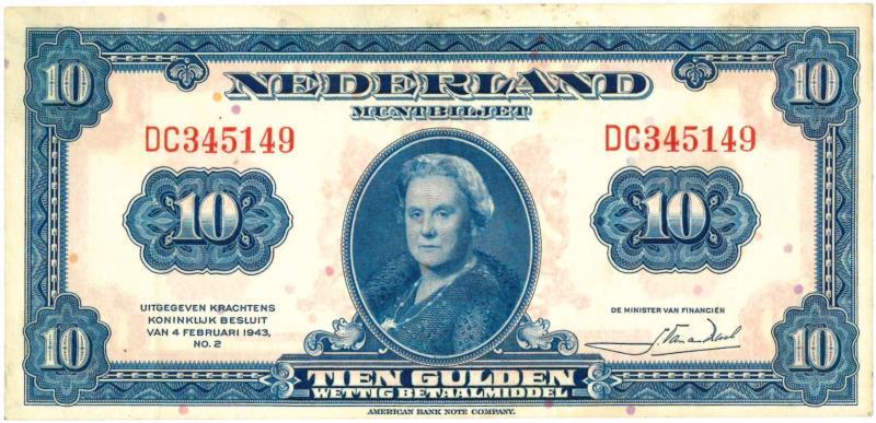 Nederland. 10 gulden. Muntbiljet. Type 1943II. Wilhelmina - Zeer Fraai / Prachtig.