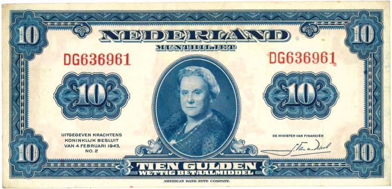 Nederland. 10 gulden. Muntbiljet. Type 1943II. Wilhelmina - Zeer Fraai / Prachtig.