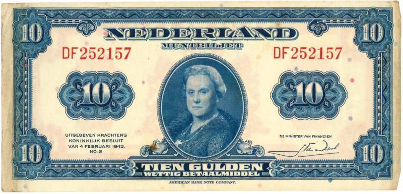 Nederland. 10 gulden. Muntbiljet. Type 1943II. Wilhelmina - Zeer Fraai +.
