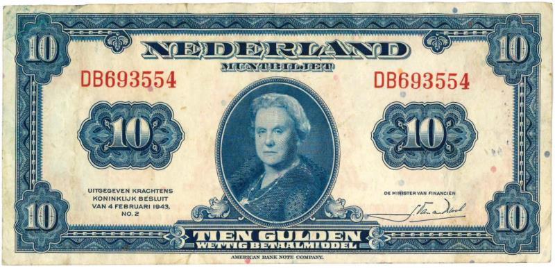 Nederland. 10 gulden. Muntbiljet. Type 1943II. Wilhelmina - Zeer Fraai -.