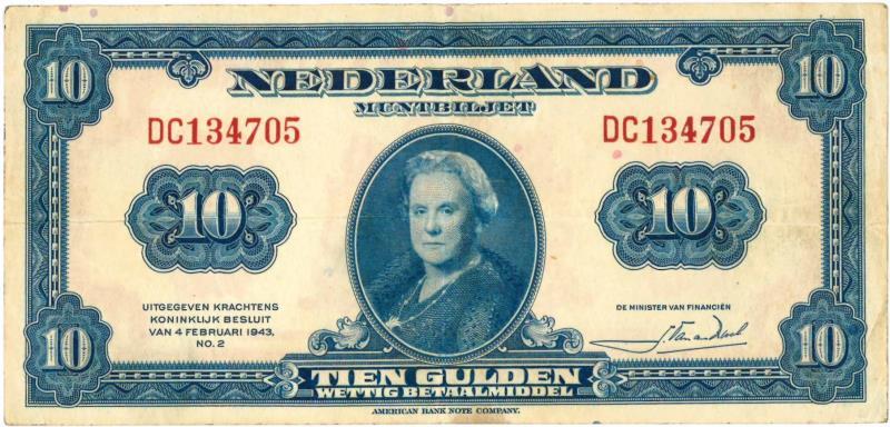 Nederland. 10 gulden. Muntbiljet. Type 1943II. Wilhelmina - Zeer Fraai.