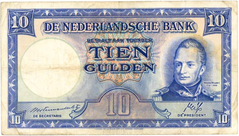 Nederland. 10 gulden. Bankbiljet. Type 1945II. Willem I Staatsmijnen - Fraai +.