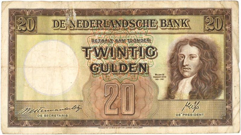 Nederland. 20 gulden. Bankbiljet. Type 1945. Stadhouder Willem III - Fraai -.
